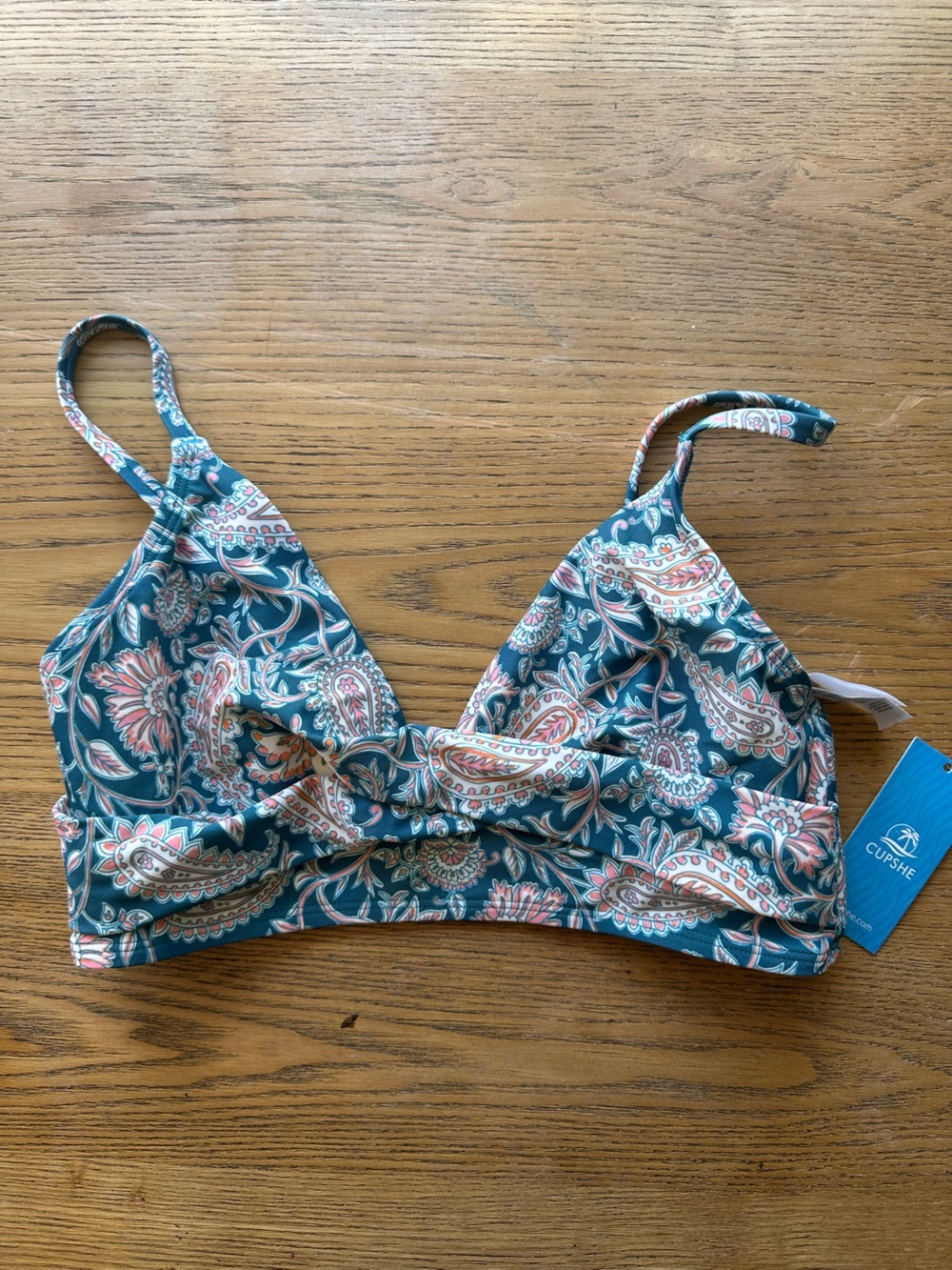 Cupshe Teal Paisley Bikini Top with Pink and Cream Accents